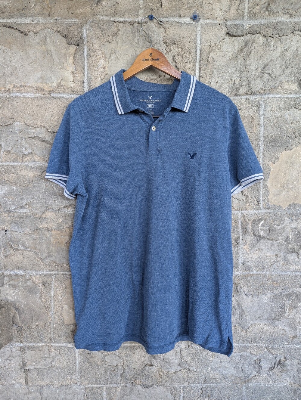 Large Y2K American Eagle Polo Shirt Cotton Blend Casual Preppy Heathered Blue